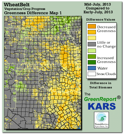 Color-coded Wheat Belt vegetation greeness index map for Period 29 of 2013, illustrating spatial variations in plant vigor, with greener tones indicating higher biomass and browner tones indicating stressed vegetation,
              comparing current crop/vegetation change in biomass to the previous week within the same year.