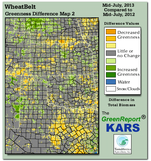 Color-coded Wheat Belt vegetation greeness index map for Period 29 of 2013, illustrating spatial variations in plant vigor, with greener tones indicating higher biomass and browner tones indicating stressed vegetation,
              comparing current crop/vegetation change in biomass to same period from the previous year.