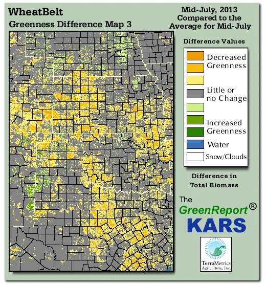 Color-coded Wheat Belt vegetation greeness index map for Period 29 of 2013, illustrating spatial variations in plant vigor, with greener tones indicating higher biomass and browner tones indicating stressed vegetation,
              comparing current crop/vegetation change in biomass to the 20-year greenness average.