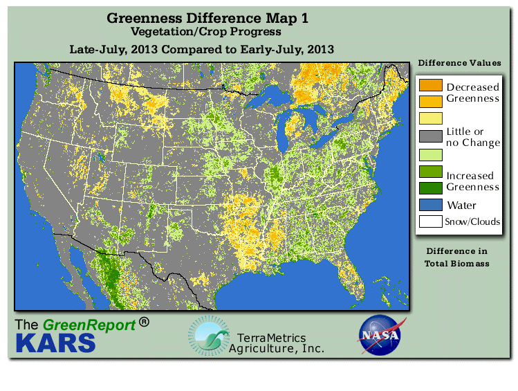 Color-coded U.S. vegetation greeness index map for Period 30 of 2013, illustrating spatial variations in plant vigor, with greener tones indicating higher biomass and browner tones indicating stressed vegetation,
              comparing current crop/vegetation change in biomass to the previous week within the same year.