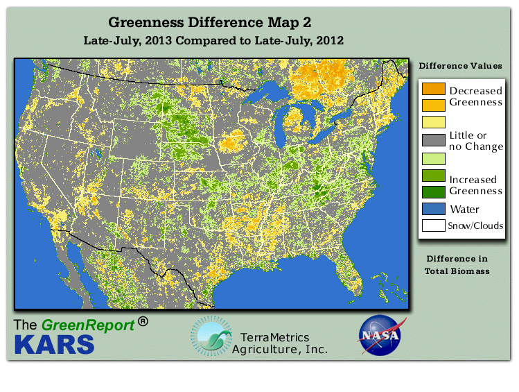 Color-coded U.S. vegetation greeness index map for Period 30 of 2013, illustrating spatial variations in plant vigor, with greener tones indicating higher biomass and browner tones indicating stressed vegetation,
              comparing current crop/vegetation change in biomass to same period from the previous year.