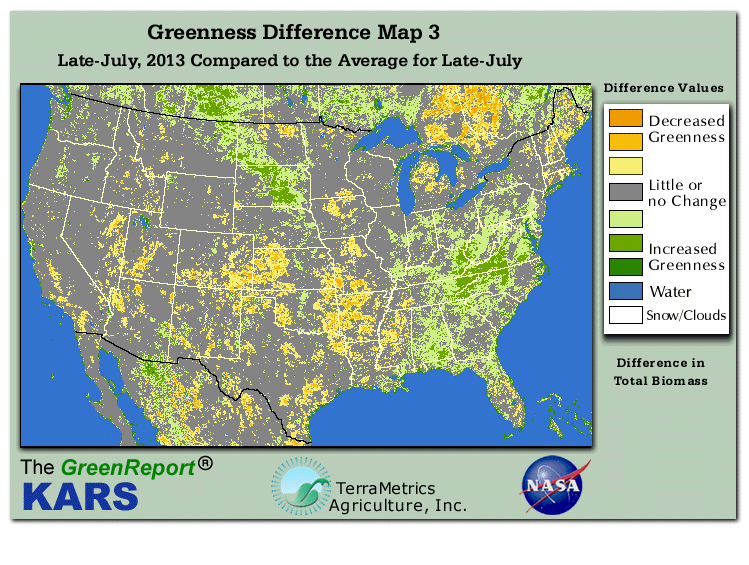 Color-coded U.S. vegetation greeness index map for Period 30 of 2013, illustrating spatial variations in plant vigor, with greener tones indicating higher biomass and browner tones indicating stressed vegetation,
              comparing current crop/vegetation change in biomass to the 20-year greenness average.
