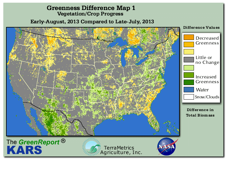Color-coded U.S. vegetation greeness index map for Period 31 of 2013, illustrating spatial variations in plant vigor, with greener tones indicating higher biomass and browner tones indicating stressed vegetation,
              comparing current crop/vegetation change in biomass to the previous week within the same year.