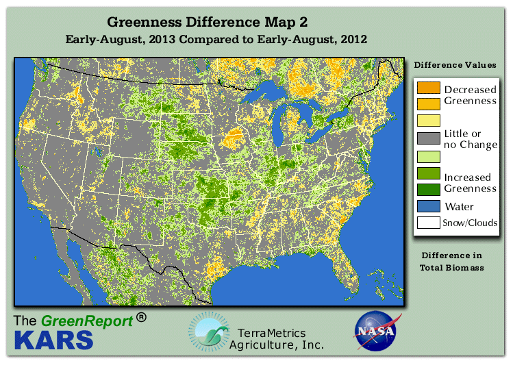 Color-coded U.S. vegetation greeness index map for Period 31 of 2013, illustrating spatial variations in plant vigor, with greener tones indicating higher biomass and browner tones indicating stressed vegetation,
              comparing current crop/vegetation change in biomass to same period from the previous year.