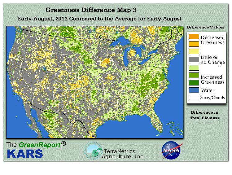 Color-coded U.S. vegetation greeness index map for Period 31 of 2013, illustrating spatial variations in plant vigor, with greener tones indicating higher biomass and browner tones indicating stressed vegetation,
              comparing current crop/vegetation change in biomass to the 20-year greenness average.