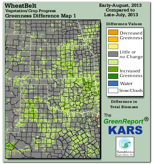 Color-coded Wheat Belt vegetation greeness index map for Period 31 of 2013, illustrating spatial variations in plant vigor, with greener tones indicating higher biomass and browner tones indicating stressed vegetation,
              comparing current crop/vegetation change in biomass to the previous week within the same year.