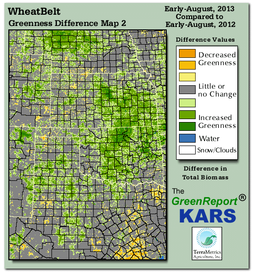 Color-coded Wheat Belt vegetation greeness index map for Period 31 of 2013, illustrating spatial variations in plant vigor, with greener tones indicating higher biomass and browner tones indicating stressed vegetation,
              comparing current crop/vegetation change in biomass to same period from the previous year.
