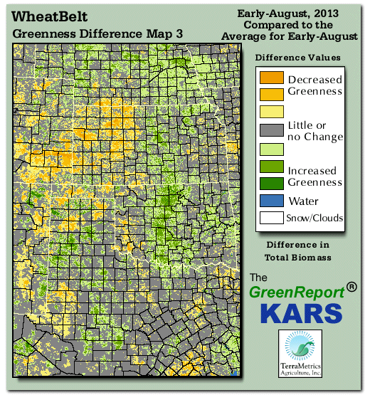 Color-coded Wheat Belt vegetation greeness index map for Period 31 of 2013, illustrating spatial variations in plant vigor, with greener tones indicating higher biomass and browner tones indicating stressed vegetation,
              comparing current crop/vegetation change in biomass to the 20-year greenness average.