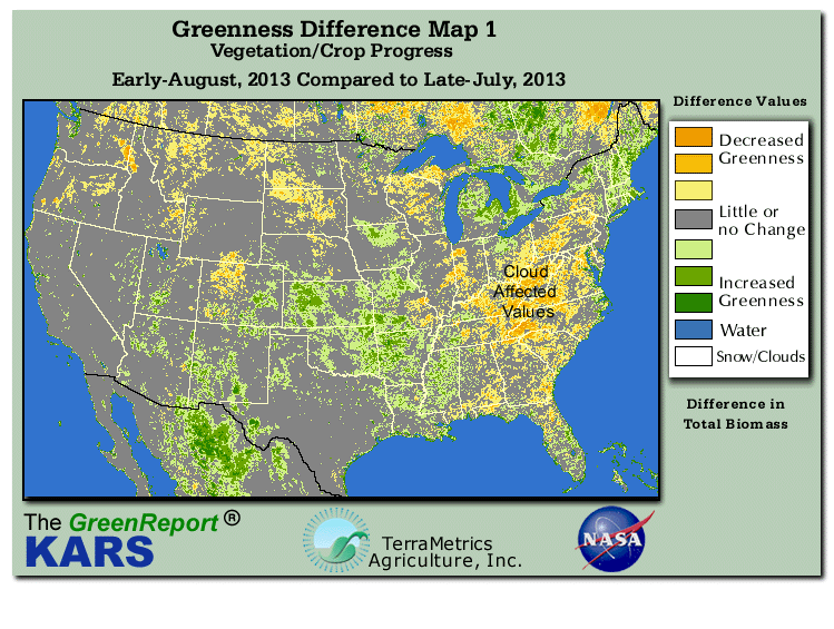 Color-coded U.S. vegetation greeness index map for Period 32 of 2013, illustrating spatial variations in plant vigor, with greener tones indicating higher biomass and browner tones indicating stressed vegetation,
              comparing current crop/vegetation change in biomass to the previous week within the same year.