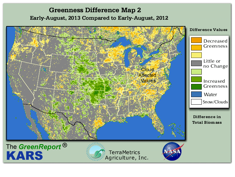 Color-coded U.S. vegetation greeness index map for Period 32 of 2013, illustrating spatial variations in plant vigor, with greener tones indicating higher biomass and browner tones indicating stressed vegetation,
              comparing current crop/vegetation change in biomass to same period from the previous year.