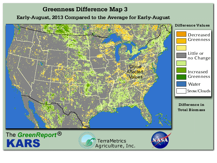 Color-coded U.S. vegetation greeness index map for Period 32 of 2013, illustrating spatial variations in plant vigor, with greener tones indicating higher biomass and browner tones indicating stressed vegetation,
              comparing current crop/vegetation change in biomass to the 20-year greenness average.