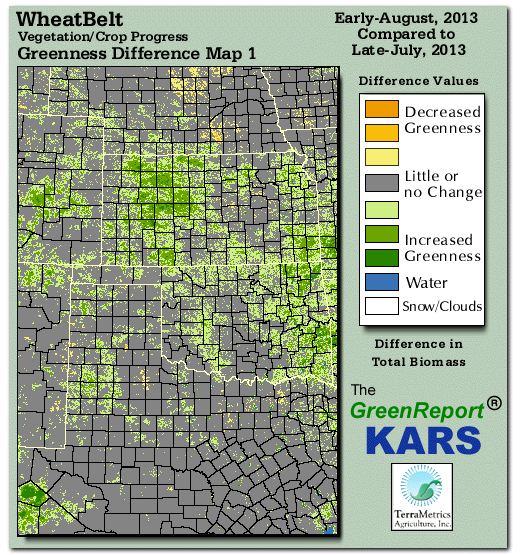 Color-coded Wheat Belt vegetation greeness index map for Period 32 of 2013, illustrating spatial variations in plant vigor, with greener tones indicating higher biomass and browner tones indicating stressed vegetation,
              comparing current crop/vegetation change in biomass to the previous week within the same year.