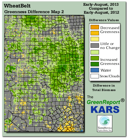 Color-coded Wheat Belt vegetation greeness index map for Period 32 of 2013, illustrating spatial variations in plant vigor, with greener tones indicating higher biomass and browner tones indicating stressed vegetation,
              comparing current crop/vegetation change in biomass to same period from the previous year.