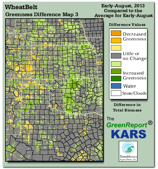 Color-coded Wheat Belt vegetation greeness index map for Period 32 of 2013, illustrating spatial variations in plant vigor, with greener tones indicating higher biomass and browner tones indicating stressed vegetation,
              comparing current crop/vegetation change in biomass to the 20-year greenness average.