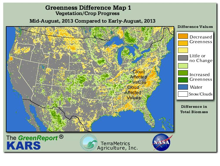 Color-coded U.S. vegetation greeness index map for Period 33 of 2013, illustrating spatial variations in plant vigor, with greener tones indicating higher biomass and browner tones indicating stressed vegetation,
              comparing current crop/vegetation change in biomass to the previous week within the same year.