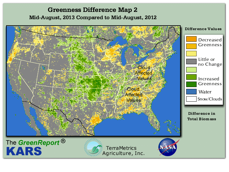 Color-coded U.S. vegetation greeness index map for Period 33 of 2013, illustrating spatial variations in plant vigor, with greener tones indicating higher biomass and browner tones indicating stressed vegetation,
              comparing current crop/vegetation change in biomass to same period from the previous year.