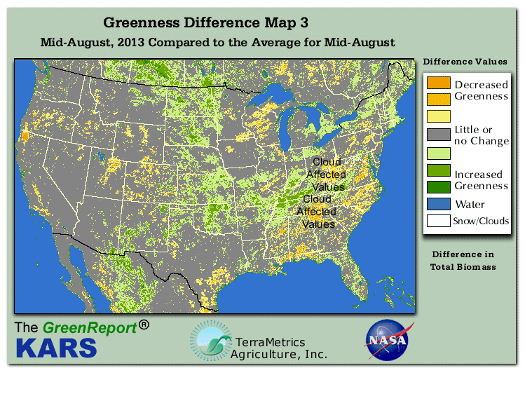 Color-coded U.S. vegetation greeness index map for Period 33 of 2013, illustrating spatial variations in plant vigor, with greener tones indicating higher biomass and browner tones indicating stressed vegetation,
              comparing current crop/vegetation change in biomass to the 20-year greenness average.