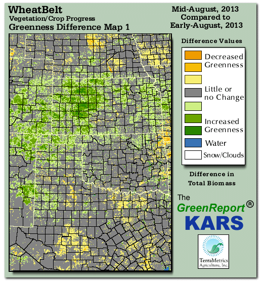 Color-coded Wheat Belt vegetation greeness index map for Period 33 of 2013, illustrating spatial variations in plant vigor, with greener tones indicating higher biomass and browner tones indicating stressed vegetation,
              comparing current crop/vegetation change in biomass to the previous week within the same year.