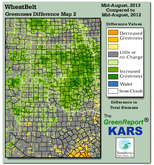 Color-coded Wheat Belt vegetation greeness index map for Period 33 of 2013, illustrating spatial variations in plant vigor, with greener tones indicating higher biomass and browner tones indicating stressed vegetation,
              comparing current crop/vegetation change in biomass to same period from the previous year.