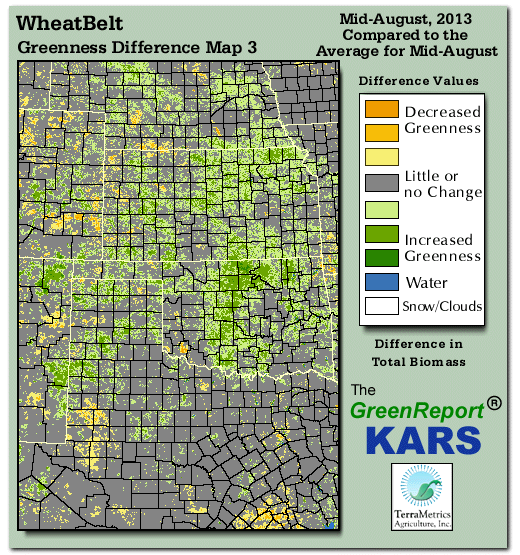 Color-coded Wheat Belt vegetation greeness index map for Period 33 of 2013, illustrating spatial variations in plant vigor, with greener tones indicating higher biomass and browner tones indicating stressed vegetation,
              comparing current crop/vegetation change in biomass to the 20-year greenness average.