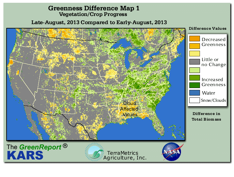 Color-coded U.S. vegetation greeness index map for Period 34 of 2013, illustrating spatial variations in plant vigor, with greener tones indicating higher biomass and browner tones indicating stressed vegetation,
              comparing current crop/vegetation change in biomass to the previous week within the same year.