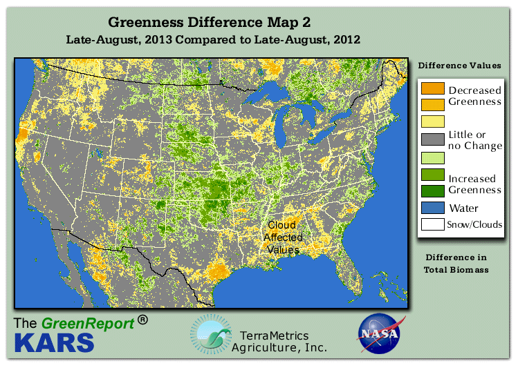 Color-coded U.S. vegetation greeness index map for Period 34 of 2013, illustrating spatial variations in plant vigor, with greener tones indicating higher biomass and browner tones indicating stressed vegetation,
              comparing current crop/vegetation change in biomass to same period from the previous year.