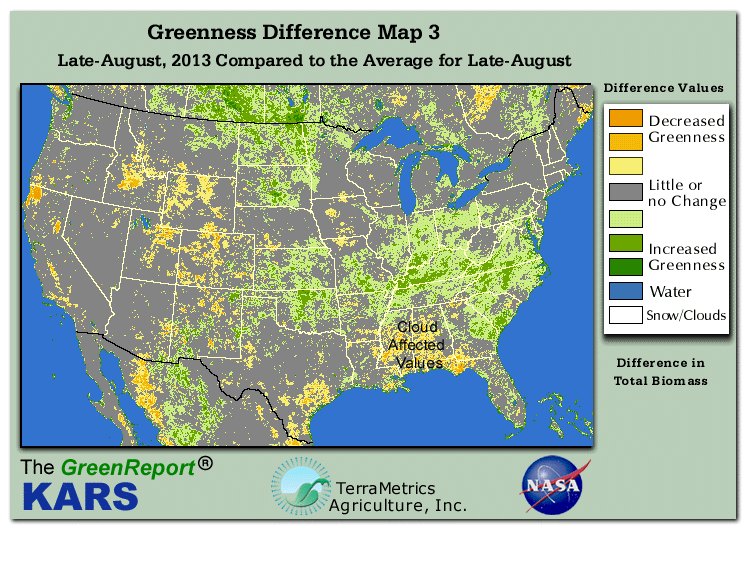 Color-coded U.S. vegetation greeness index map for Period 34 of 2013, illustrating spatial variations in plant vigor, with greener tones indicating higher biomass and browner tones indicating stressed vegetation,
              comparing current crop/vegetation change in biomass to the 20-year greenness average.