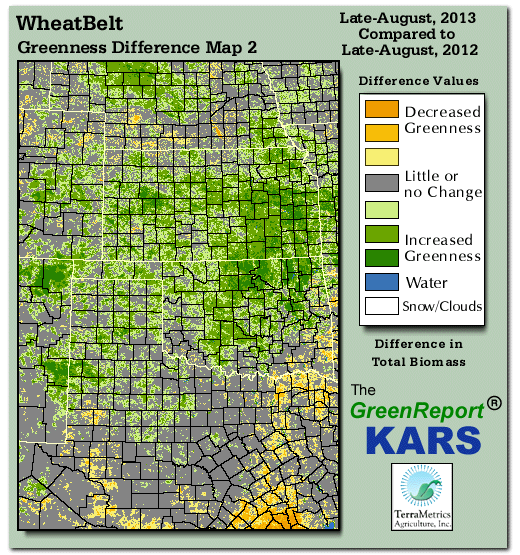 Color-coded Wheat Belt vegetation greeness index map for Period 34 of 2013, illustrating spatial variations in plant vigor, with greener tones indicating higher biomass and browner tones indicating stressed vegetation,
              comparing current crop/vegetation change in biomass to same period from the previous year.