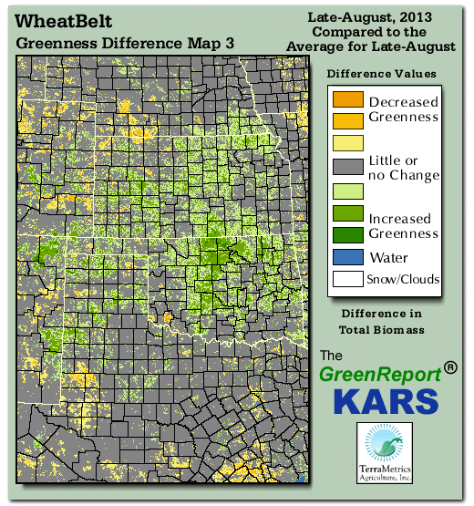 Color-coded Wheat Belt vegetation greeness index map for Period 34 of 2013, illustrating spatial variations in plant vigor, with greener tones indicating higher biomass and browner tones indicating stressed vegetation,
              comparing current crop/vegetation change in biomass to the 20-year greenness average.