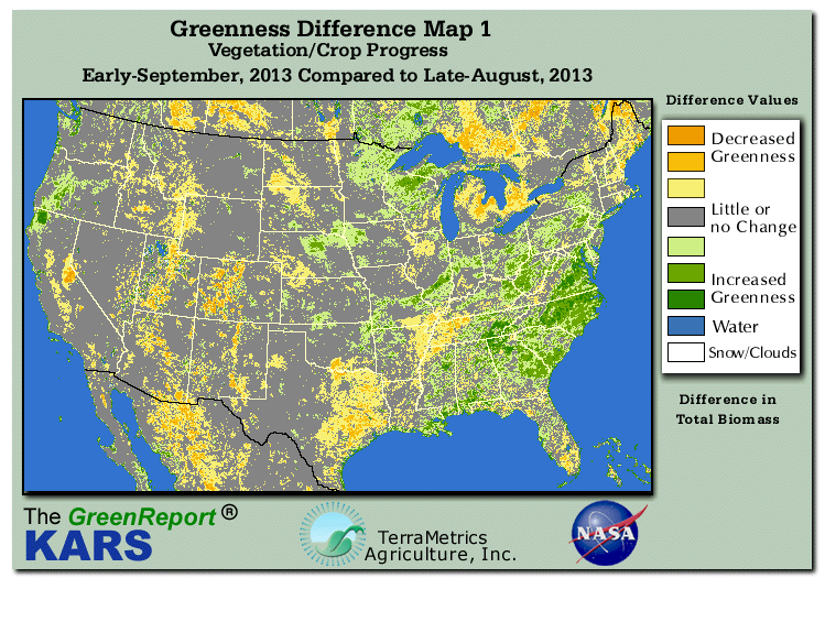 Color-coded U.S. vegetation greeness index map for Period 35 of 2013, illustrating spatial variations in plant vigor, with greener tones indicating higher biomass and browner tones indicating stressed vegetation,
              comparing current crop/vegetation change in biomass to the previous week within the same year.