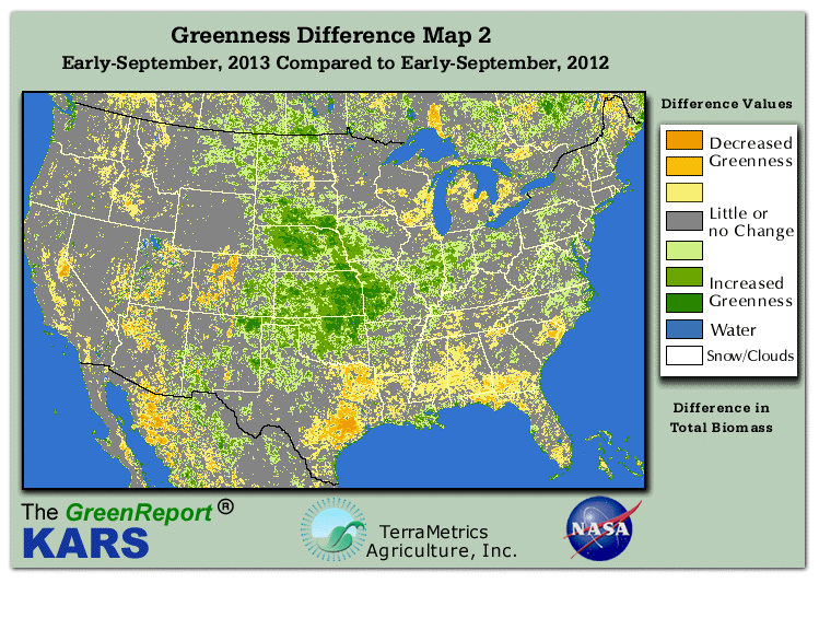 Color-coded U.S. vegetation greeness index map for Period 35 of 2013, illustrating spatial variations in plant vigor, with greener tones indicating higher biomass and browner tones indicating stressed vegetation,
              comparing current crop/vegetation change in biomass to same period from the previous year.