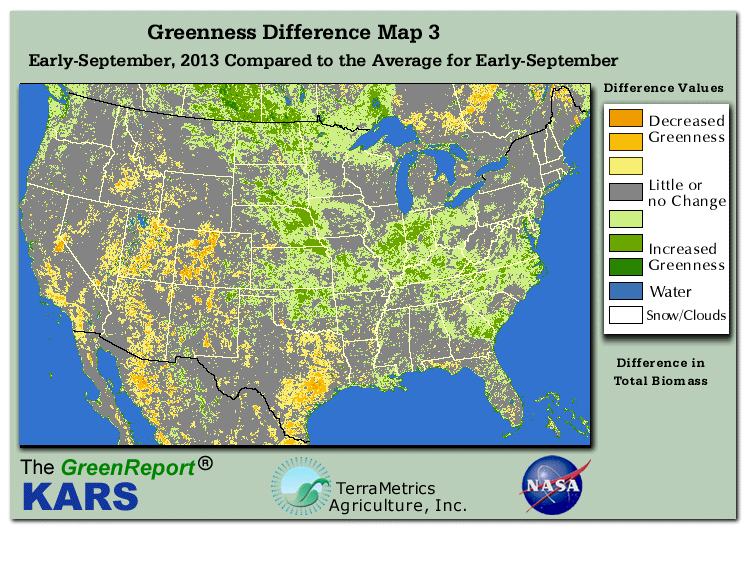 Color-coded U.S. vegetation greeness index map for Period 35 of 2013, illustrating spatial variations in plant vigor, with greener tones indicating higher biomass and browner tones indicating stressed vegetation,
              comparing current crop/vegetation change in biomass to the 20-year greenness average.