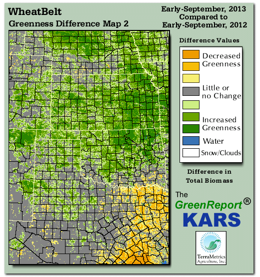 Color-coded Wheat Belt vegetation greeness index map for Period 35 of 2013, illustrating spatial variations in plant vigor, with greener tones indicating higher biomass and browner tones indicating stressed vegetation,
              comparing current crop/vegetation change in biomass to same period from the previous year.