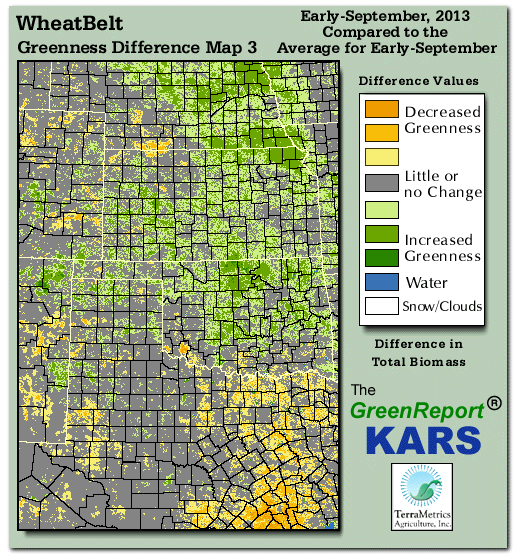 Color-coded Wheat Belt vegetation greeness index map for Period 35 of 2013, illustrating spatial variations in plant vigor, with greener tones indicating higher biomass and browner tones indicating stressed vegetation,
              comparing current crop/vegetation change in biomass to the 20-year greenness average.