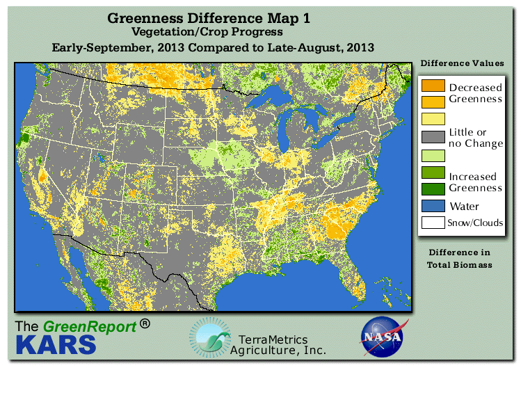 Color-coded U.S. vegetation greeness index map for Period 36 of 2013, illustrating spatial variations in plant vigor, with greener tones indicating higher biomass and browner tones indicating stressed vegetation,
              comparing current crop/vegetation change in biomass to the previous week within the same year.