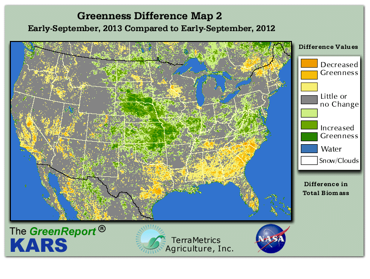 Color-coded U.S. vegetation greeness index map for Period 36 of 2013, illustrating spatial variations in plant vigor, with greener tones indicating higher biomass and browner tones indicating stressed vegetation,
              comparing current crop/vegetation change in biomass to same period from the previous year.