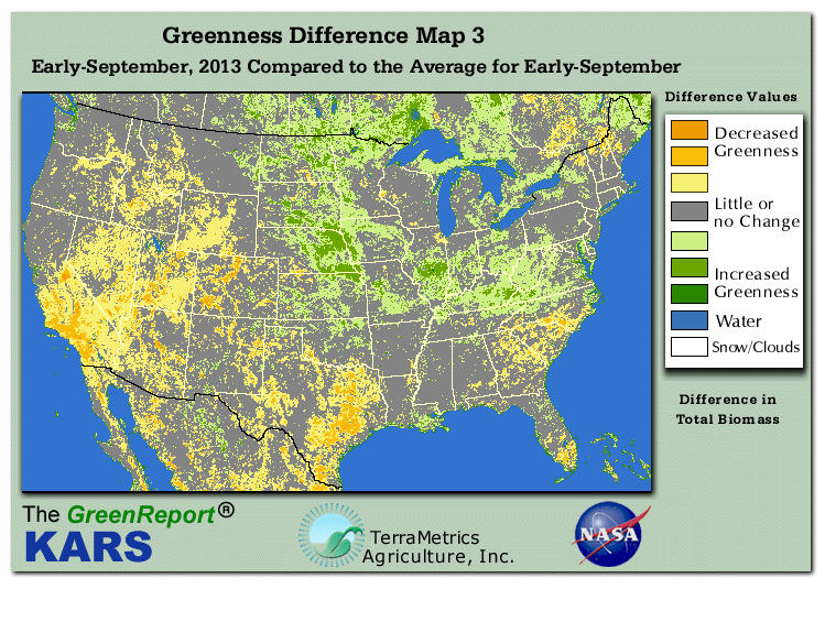 Color-coded U.S. vegetation greeness index map for Period 36 of 2013, illustrating spatial variations in plant vigor, with greener tones indicating higher biomass and browner tones indicating stressed vegetation,
              comparing current crop/vegetation change in biomass to the 20-year greenness average.
