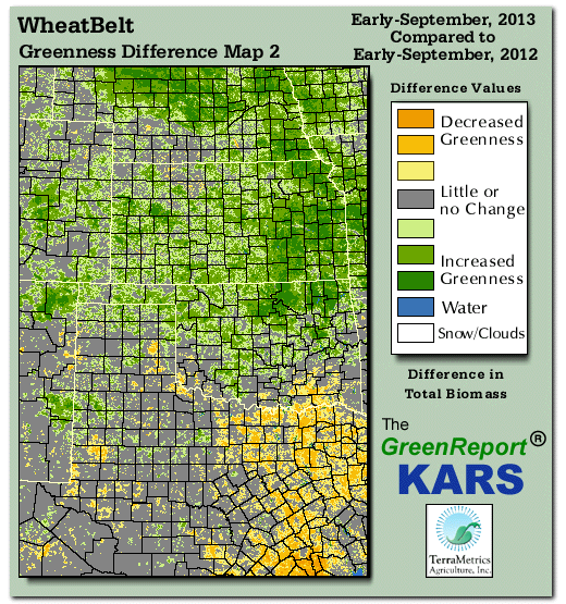 Color-coded Wheat Belt vegetation greeness index map for Period 36 of 2013, illustrating spatial variations in plant vigor, with greener tones indicating higher biomass and browner tones indicating stressed vegetation,
              comparing current crop/vegetation change in biomass to same period from the previous year.