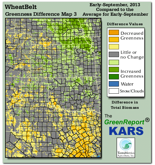 Color-coded Wheat Belt vegetation greeness index map for Period 36 of 2013, illustrating spatial variations in plant vigor, with greener tones indicating higher biomass and browner tones indicating stressed vegetation,
              comparing current crop/vegetation change in biomass to the 20-year greenness average.