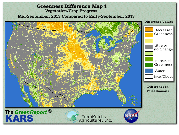 Color-coded U.S. vegetation greeness index map for Period 37 of 2013, illustrating spatial variations in plant vigor, with greener tones indicating higher biomass and browner tones indicating stressed vegetation,
              comparing current crop/vegetation change in biomass to the previous week within the same year.