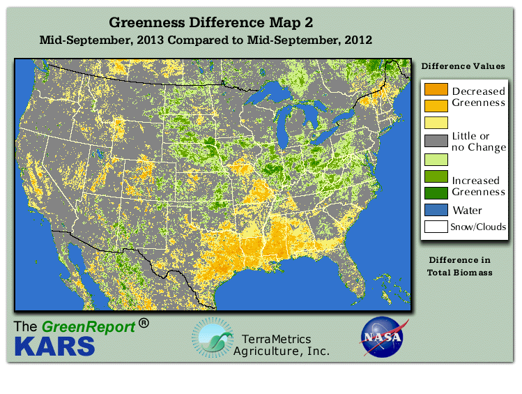 Color-coded U.S. vegetation greeness index map for Period 37 of 2013, illustrating spatial variations in plant vigor, with greener tones indicating higher biomass and browner tones indicating stressed vegetation,
              comparing current crop/vegetation change in biomass to same period from the previous year.