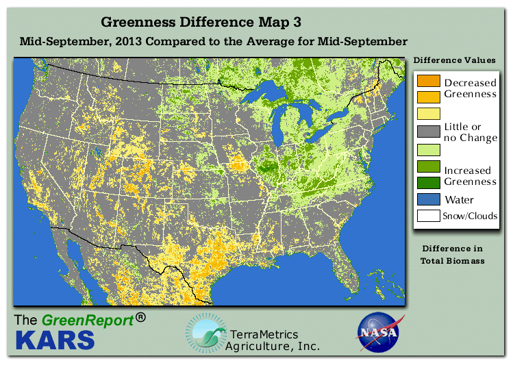 Color-coded U.S. vegetation greeness index map for Period 37 of 2013, illustrating spatial variations in plant vigor, with greener tones indicating higher biomass and browner tones indicating stressed vegetation,
              comparing current crop/vegetation change in biomass to the 20-year greenness average.