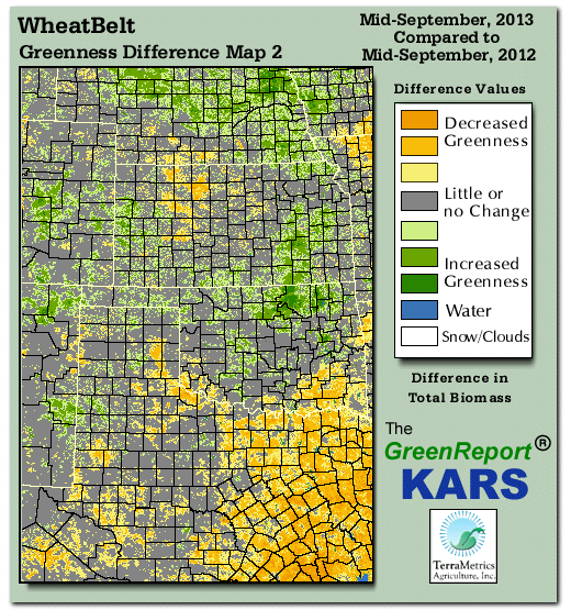 Color-coded Wheat Belt vegetation greeness index map for Period 37 of 2013, illustrating spatial variations in plant vigor, with greener tones indicating higher biomass and browner tones indicating stressed vegetation,
              comparing current crop/vegetation change in biomass to same period from the previous year.