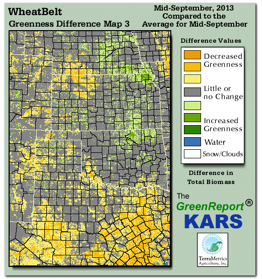 Color-coded Wheat Belt vegetation greeness index map for Period 37 of 2013, illustrating spatial variations in plant vigor, with greener tones indicating higher biomass and browner tones indicating stressed vegetation,
              comparing current crop/vegetation change in biomass to the 20-year greenness average.