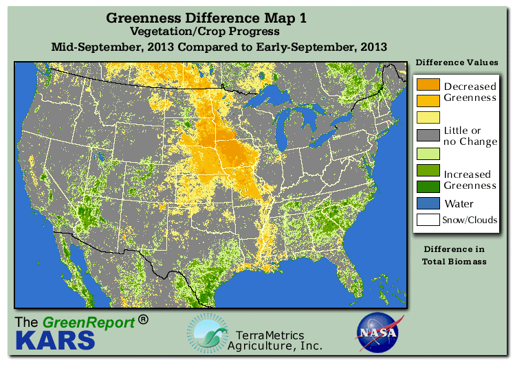 Color-coded U.S. vegetation greeness index map for Period 38 of 2013, illustrating spatial variations in plant vigor, with greener tones indicating higher biomass and browner tones indicating stressed vegetation,
              comparing current crop/vegetation change in biomass to the previous week within the same year.