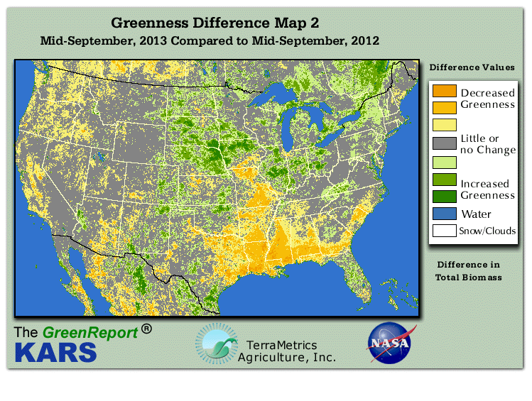 Color-coded U.S. vegetation greeness index map for Period 38 of 2013, illustrating spatial variations in plant vigor, with greener tones indicating higher biomass and browner tones indicating stressed vegetation,
              comparing current crop/vegetation change in biomass to same period from the previous year.