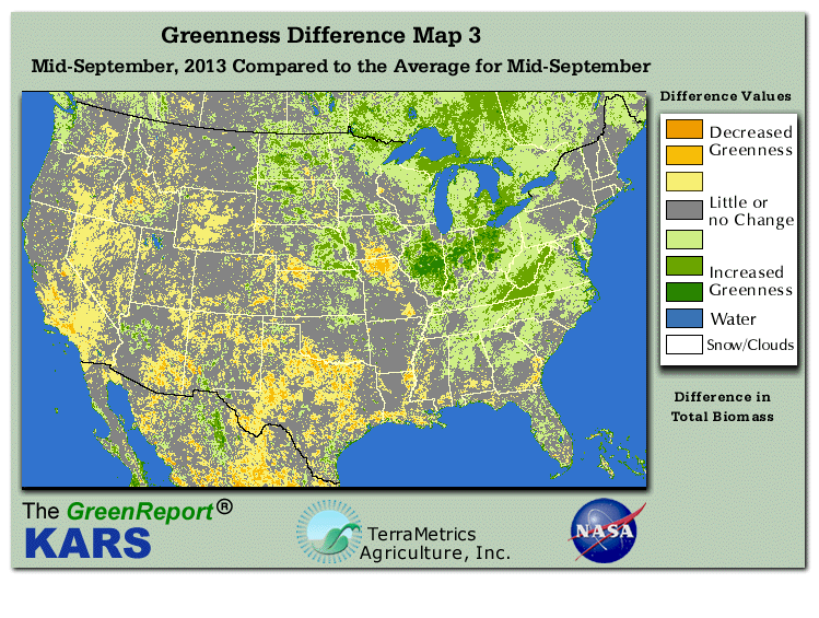 Color-coded U.S. vegetation greeness index map for Period 38 of 2013, illustrating spatial variations in plant vigor, with greener tones indicating higher biomass and browner tones indicating stressed vegetation,
              comparing current crop/vegetation change in biomass to the 20-year greenness average.