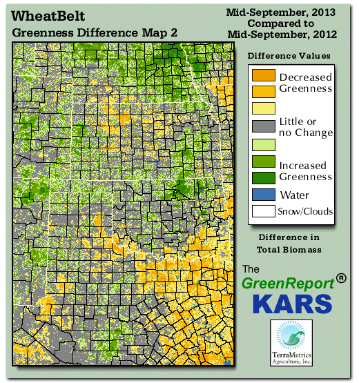Color-coded Wheat Belt vegetation greeness index map for Period 38 of 2013, illustrating spatial variations in plant vigor, with greener tones indicating higher biomass and browner tones indicating stressed vegetation,
              comparing current crop/vegetation change in biomass to same period from the previous year.