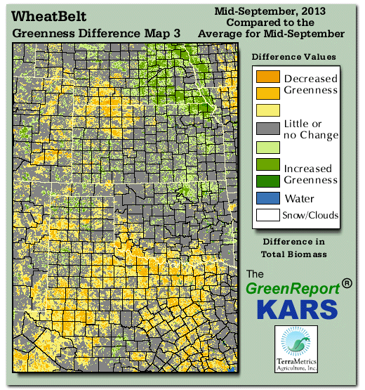 Color-coded Wheat Belt vegetation greeness index map for Period 38 of 2013, illustrating spatial variations in plant vigor, with greener tones indicating higher biomass and browner tones indicating stressed vegetation,
              comparing current crop/vegetation change in biomass to the 20-year greenness average.