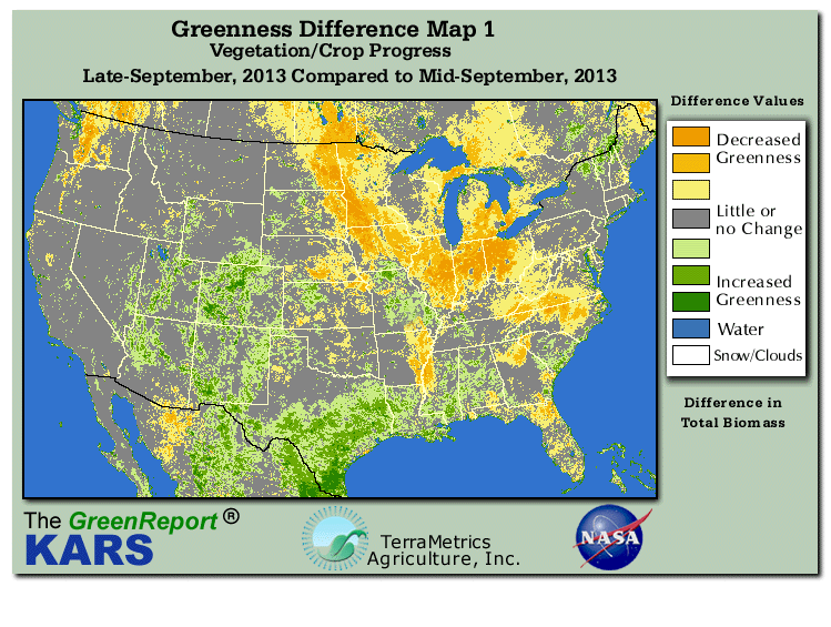Color-coded U.S. vegetation greeness index map for Period 39 of 2013, illustrating spatial variations in plant vigor, with greener tones indicating higher biomass and browner tones indicating stressed vegetation,
              comparing current crop/vegetation change in biomass to the previous week within the same year.